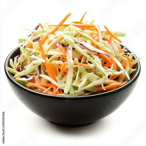 black marmer bowl filled with coleslaw mix isolated on a white background.