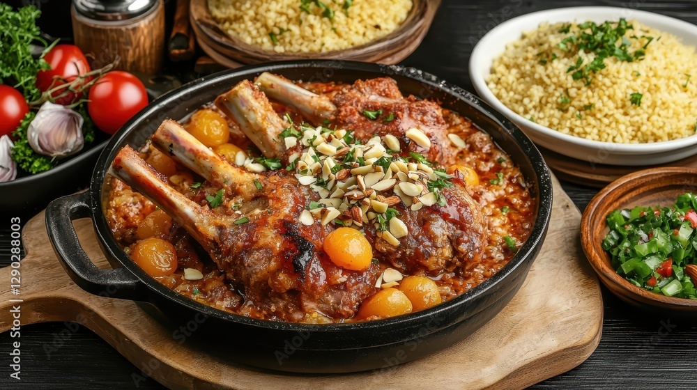 Lamb shanks braised traditional concept. A delicious platter featuring succulent lamb, nuts, and fruits served with couscous and garnished with fresh herbs. Lamb shanks braised traditional concept. A delicious platter featuring succulent lamb, nuts, and fruits served with couscous and garnished with fresh herbs.