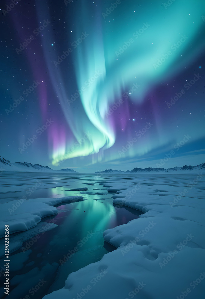 Fototapeta premium Northern Lights Display Over Icy Landscape Reflecting on Frozen Waters