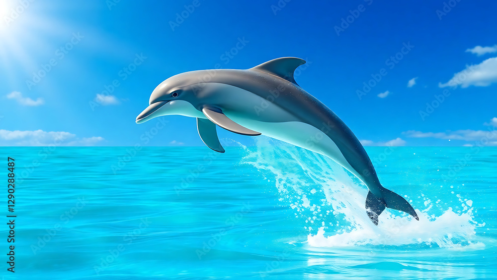 Obraz premium Playful Dolphin Jumping in the Ocean: A Scenic Summer Day Adventure with Marine Wildlife and Sea Creatures
