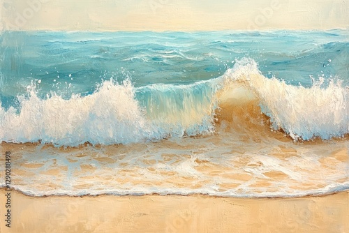 Fototapeta Naklejka Na Ścianę i Meble -  An oil painting depicting a wave crashing on a sandy beach, showcasing textured brushstrokes and tranquil colors.