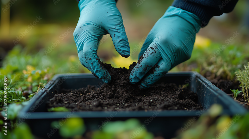 Fototapeta premium Hands wearing blue gloves prepare soil in a black planting tray, demonstrating nurturing and gardening skills during a sunny day in a lush garden environment