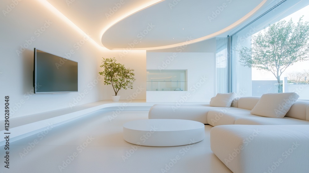 Fototapeta premium A family friendly living room with a large sofa, a coffee table with rounded edges, and a TV mounted on the wall, creating a safe and comfortable space for everyone.