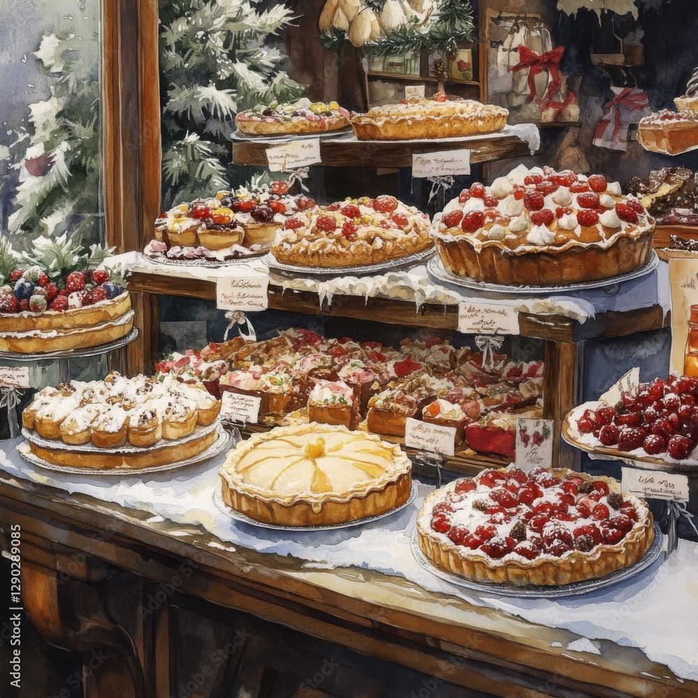 Festive Bakery Display with Colorful Pastries and Desserts Festive Bakery Display with Colorful Pastries and Desserts