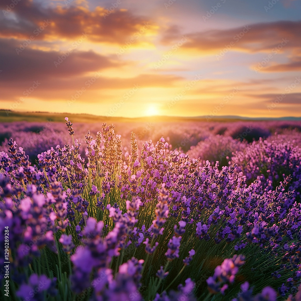 Obraz premium Lavender field under a vibrant sunset in a serene landscape. Generative AI