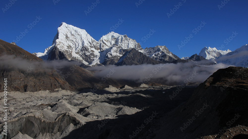 Ngozumpa Glacier, moraine and high mountains Cholatse and Taboche, Nepal. Ngozumpa Glacier, moraine and high mountains Cholatse and Taboche, Nepal.