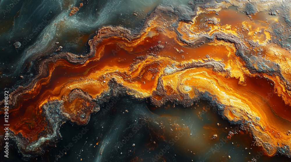 Stunning abstract patterns resembling natural landscapes in bold orange, gold, and black hues created by unique geological formations Stunning abstract patterns resembling natural landscapes in bold orange, gold, and black hues created by unique geological formations