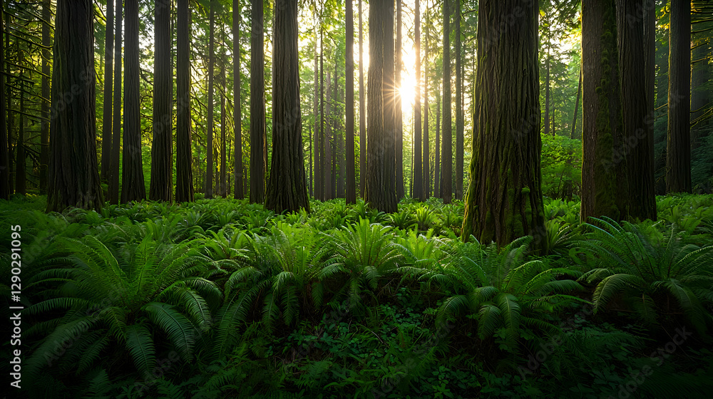 Obraz premium Sunlight Streaming Through a Lush Green Forest