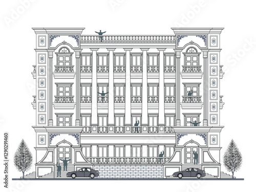 Facade of 4 storey symmetrical classical  building with 8 doors, 24 windows, 5 columns, crowns, frames, balustrade, canopy, stairs, balcony and curve elements.