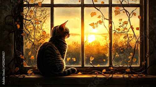 cat sitting on a windowsill covered in wild vines, looking out at the golden sunset  photo