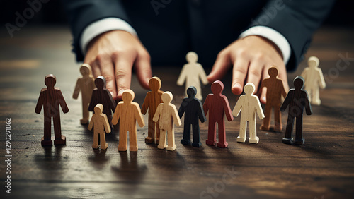 Business Professional Strategically Selecting Small Figurines Representing Team Members on a Wooden Surface Symbolizing HR and Decision Making
