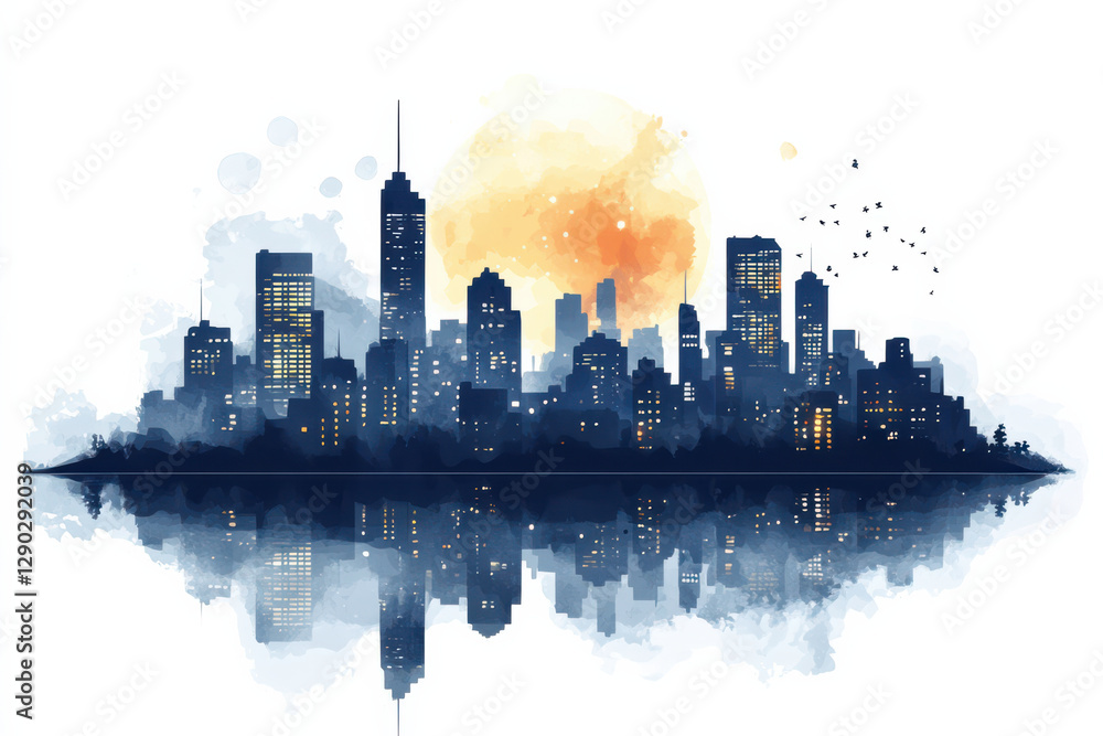 Naklejka premium watercolor city skyline is beautifully reflected in water, with vibrant sunset in background, creating serene and artistic atmosphere