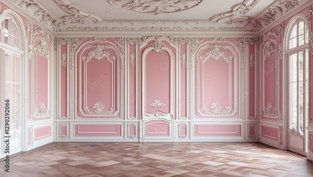 Obraz premium Pink-white room with decorative molding and flooring, 3D render.