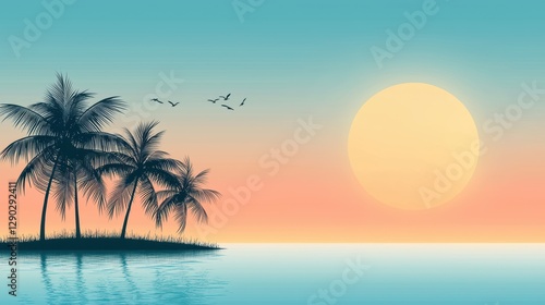The sun rising above the ocean, creating a path of shimmering golden light reflecting on the water surface, with palm trees silhouetted against the colorful sky and a few seabirds flying overhead.