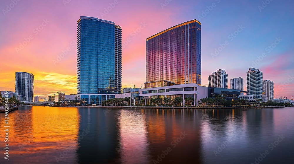 Naklejka premium Sunrise cityscape with modern skyscrapers reflected in calm water.