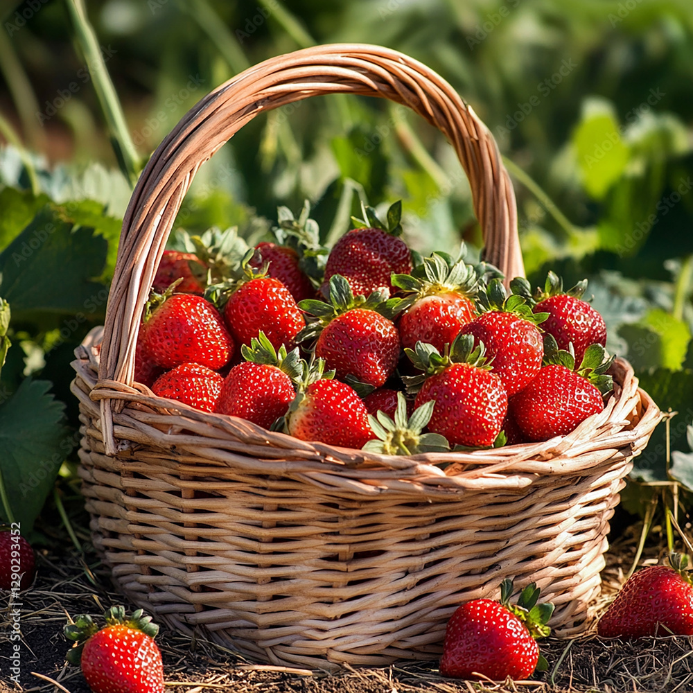Freshly picked strawberries in a woven basket on a sunny afternoon. Generative AI Freshly picked strawberries in a woven basket on a sunny afternoon. Generative AI