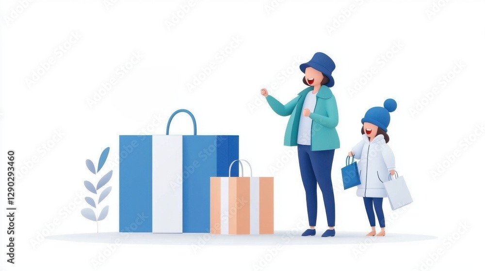 Customer Satisfaction, Expectation, and Value. Mother and child shopping with colorful bags in a whimsical style. Customer Satisfaction, Expectation, and Value. Mother and child shopping with colorful bags in a whimsical style.