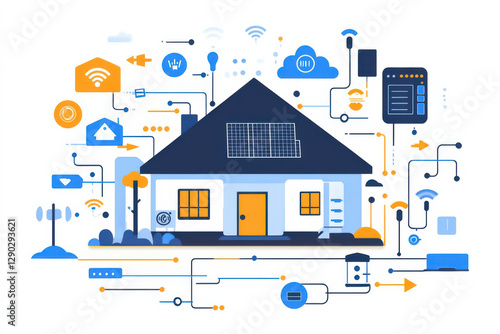 Smart home illustration with solar panels and connected devices, showcasing modern technology integration and energy efficiency
