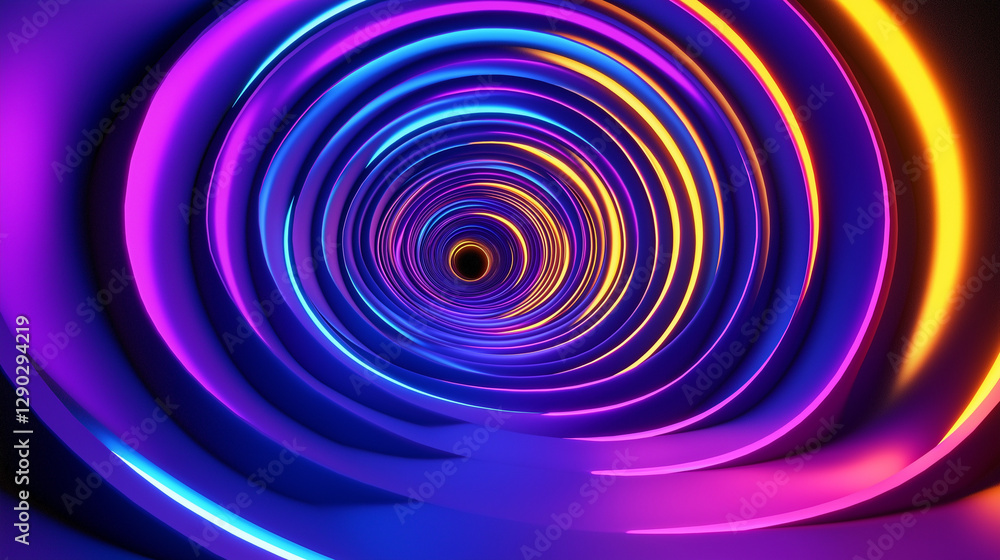 Abstract artistic image of a spiral swirling with neon blue, purple and gold colors forming an endless vortex Abstract artistic image of a spiral swirling with neon blue, purple and gold colors forming an endless vortex