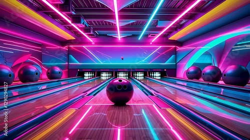 Neon-lit bowling alley with a futuristic glow and vibrant colors reflecting on the polished lanes

