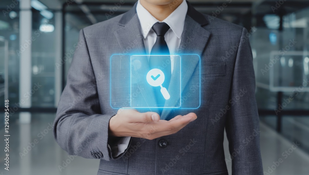 Businessman holding virtual magnifying glass Businessman holding virtual magnifying glass