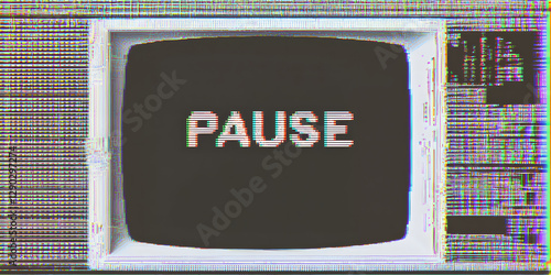 TV screen texture with glitch text PAUSE. HDTV no signal problems. Bad TV signal on TV screen Noise of motion background lines. Glitch VHS. concept. Glitch camera effect. Video rewind texture
