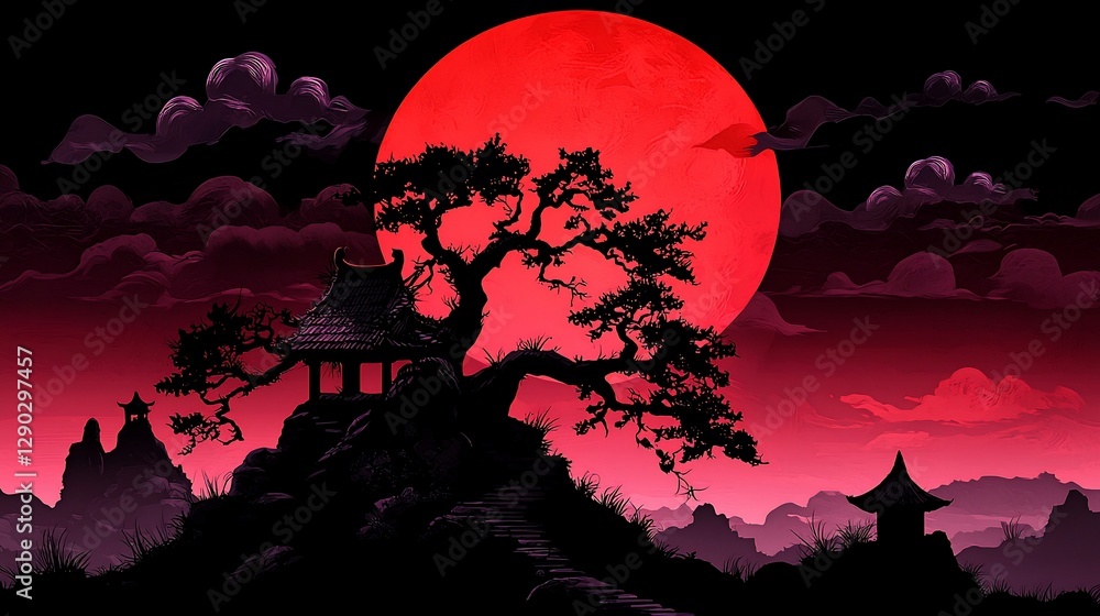 Red moon over silhouetted Asian landscape with tree and pagodas. Red moon over silhouetted Asian landscape with tree and pagodas.