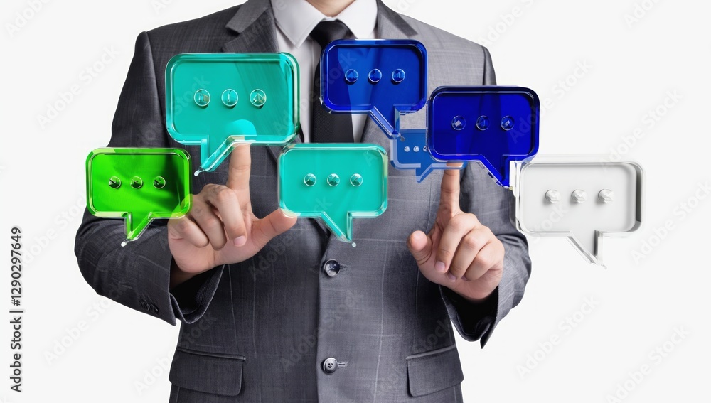 Businessman interacting with digital speech bubbles Businessman interacting with digital speech bubbles