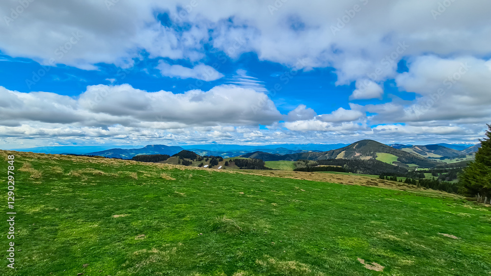 Naklejka premium Verdant rolling hills across Plankogel, Styria, Austria, under partly cloudy sky. Patches of coniferous trees dot the landscape, creating a textured, scenic view of the Austrian countryside. Tranquil