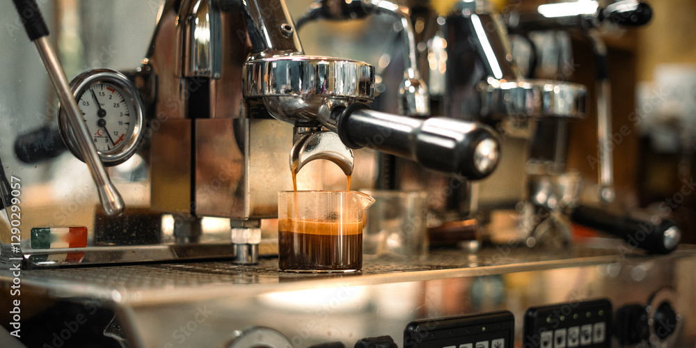Espresso machine pouring hot coffee in a cafe Espresso machine pouring hot coffee in a cafe
