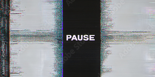 TV screen texture with glitch text PAUSE. HDTV no signal problems. Bad TV signal on TV screen Noise of motion background lines. Glitch VHS. concept. Glitch camera effect. Video rewind texture