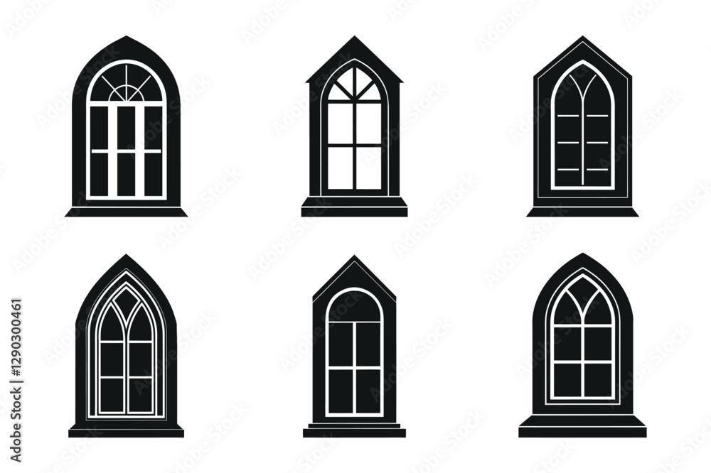 Obraz premium Temple window or door different shape Silhouettes set. Temple architectural window or door vector illustration isolated on white background.