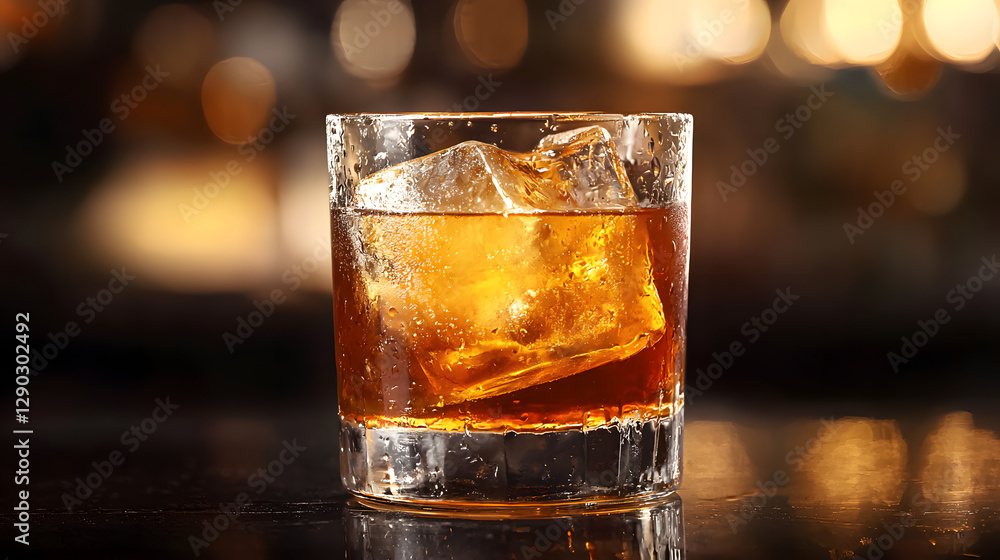 Classic Old Fashioned Cocktail Served in a Stylish Glass with Ice Cubes and Warm Bokeh Background Classic Old Fashioned Cocktail Served in a Stylish Glass with Ice Cubes and Warm Bokeh Background