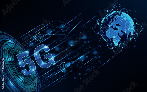 5G new wireless internet Wi-Fi connection. Big data binary code flow numbers. Global network high speed innovation connection data