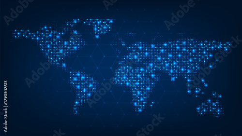 Futuristic big Data. Digital world map. Cyber network data transmission concept.