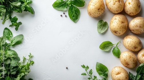 Wallpaper Mural Fresh potatoes and herbs border on white surface Torontodigital.ca