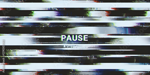 TV screen texture with glitch text PAUSE. HDTV no signal problems. Bad TV signal on TV screen Noise of motion background lines. Glitch VHS. concept. Glitch camera effect. Video rewind texture