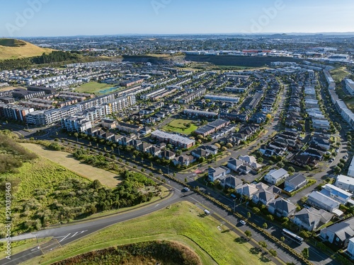 Obraz na plátně Aerial view of a residential neighborhood with various homes and apartment buildings