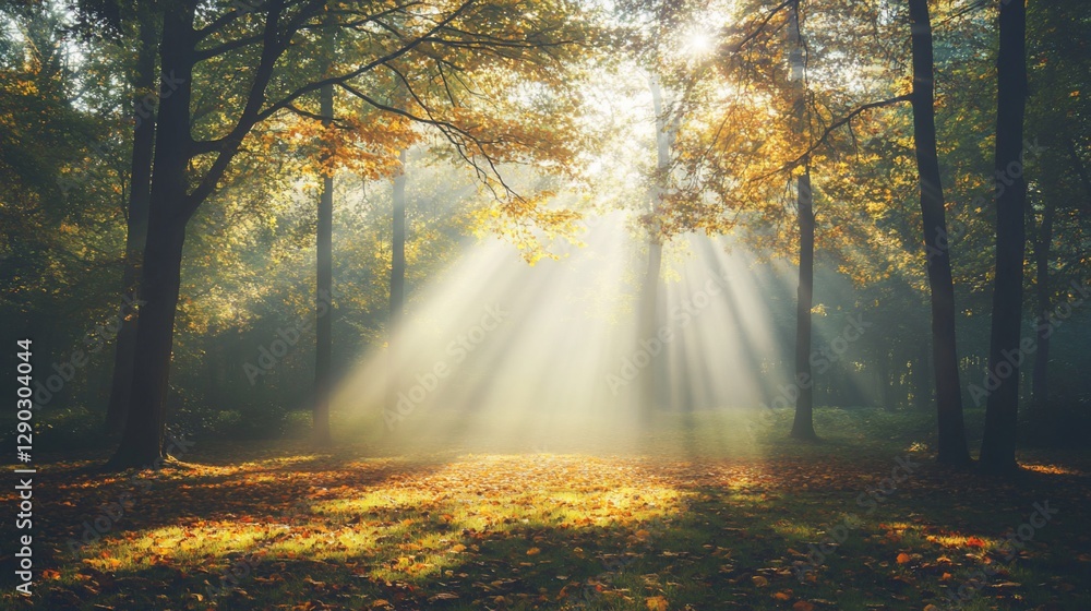 Obraz premium Sunbeams through autumn forest, misty morning.