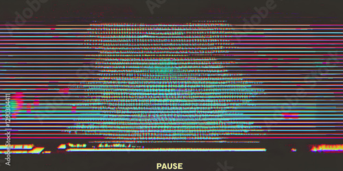 TV screen texture with glitch text PAUSE. HDTV no signal problems. Bad TV signal on TV screen Noise of motion background lines. Glitch VHS. concept. Glitch camera effect. Video rewind texture