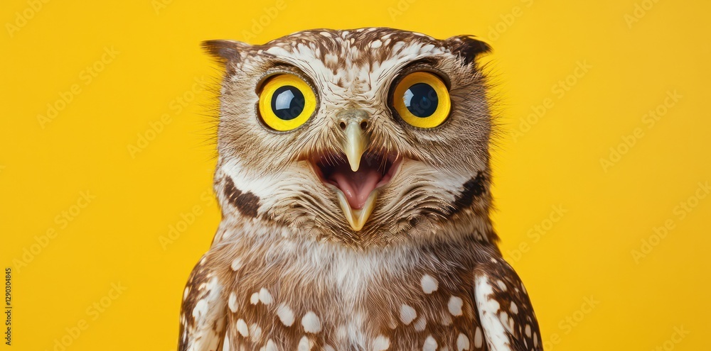 Fototapeta premium Surprised owl, yellow background, wildlife, nature