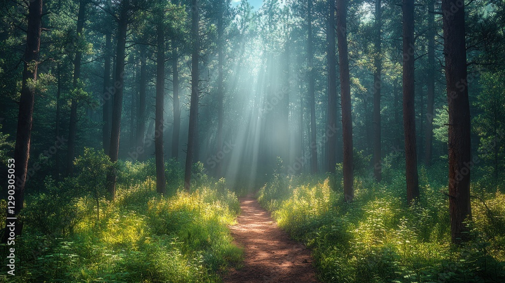 Sunbeams Path in Misty Forest Sunbeams Path in Misty Forest