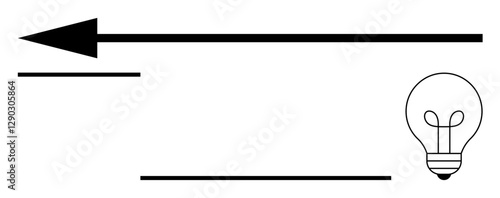 Bold arrow points left with parallel lines beneath, lightbulb on right representing innovation. Ideal for guidance, direction, progress, creativity, goal-setting, strategy, abstract line flat