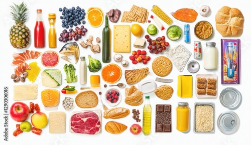 Diverse assortment of fresh and packaged foods on white background.