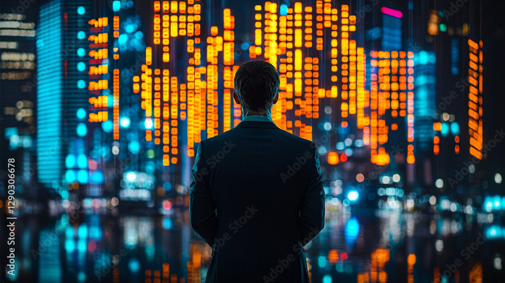 Silhouette of a man against a vibrant cityscape with data visuals. Silhouette of a man against a vibrant cityscape with data visuals.