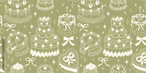 Cute retro lambeth cakes seamless pattern with cherries and strawberries in coquette style.Hand drawn nostalgic dessert vector illustration. Funny birthday background, poster, social media banner.