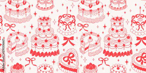 Cute retro lambeth cakes seamless pattern with cherries and strawberries in coquette style.Hand drawn nostalgic dessert vector illustration. Funny birthday background, poster, social media banner.