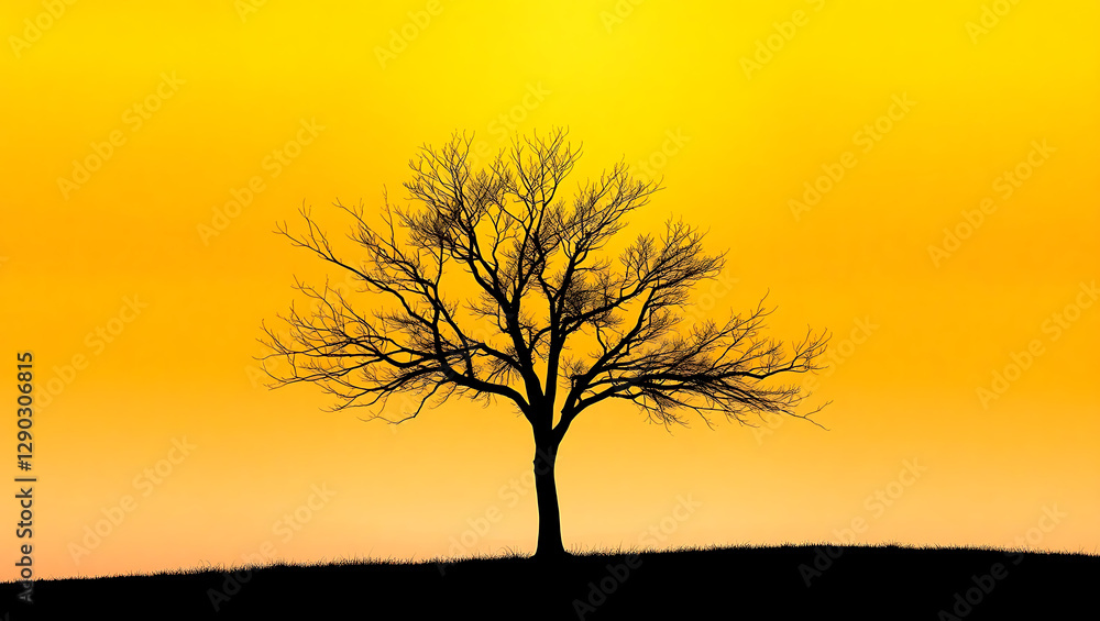 Obraz premium Captivating Silhouette Tree at Sunset: Vibrant Orange Sky & Tranquil Nature in Breathtaking Autumn Evening Landscape