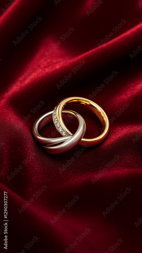 A pair of intertwined gold and silver rings, placed on a red velvet background, Valentine's theme A pair of intertwined gold and silver rings, placed on a red velvet background, Valentine's theme