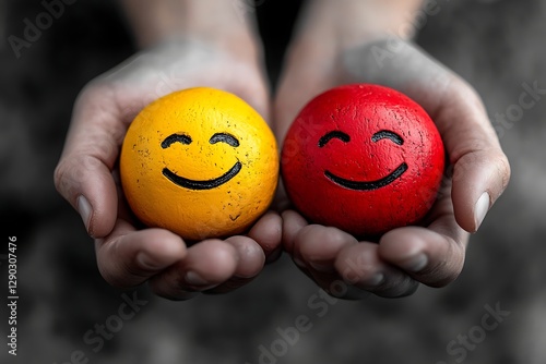 Hands holding happy emoji, contrasting colors, grayscale background photo